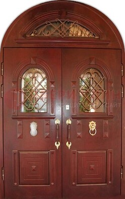 Стальная арочная дверь со стеклом и ковкой ДА-30 в дом из кирпича в Сосновый Бор