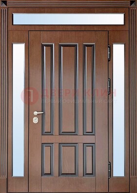 Железная дверь со стеклом и фрамугами в коричневом цвете ДФГ-8 в Сосновый Бор