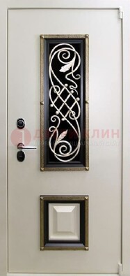 Белая стальная дверь с ковкой со стеклопакетом и МДФ ДК-30 в Сосновый Бор