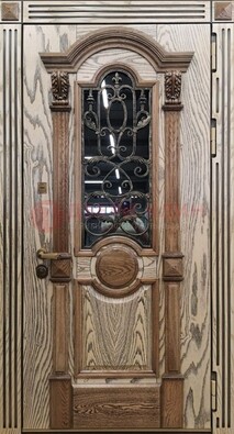 Железная дверь с массивом дуба со стеклом и ковкой ДМД-47 в Сосновый Бор