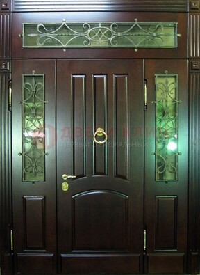 Стальная парадная дверь со стеклом и ковкой ДПР-18 для деревянного дома в Сосновый Бор