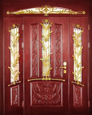 Бордовая железная парадная дверь со стеклом и ковкой ДПР-75 в Сосновый Бор