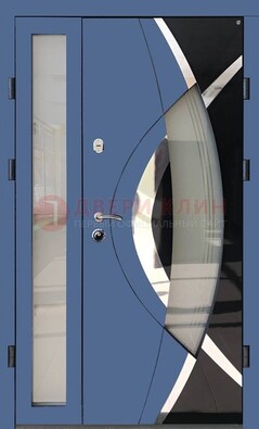 Синяя металлическая дверь со стеклом и узором ДС-13 в Сосновый Бор