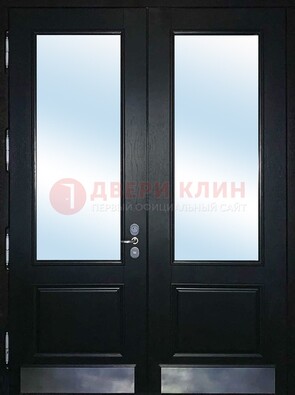 Черная двухстворчатая металлическая дверь со стеклом ДС-25 в Сосновый Бор