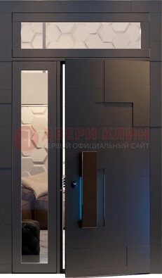 Чёрная двухстворчатая металлическая дверь со стеклом ДС-64 в Сосновый Бор
