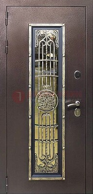 Железная дверь цвета медный антик со стеклом и ковкой ДСК-105 в Сосновый Бор