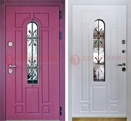 Розовая металлическая дверь со стеклом и ковкой ДСК-151 в Сосновый Бор