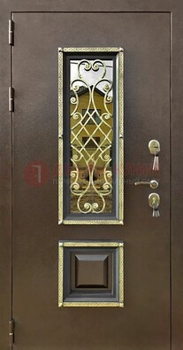 Входная дверь порошок со стеклом и ковкой для коттеджа ДСК-166 в Сосновый Бор