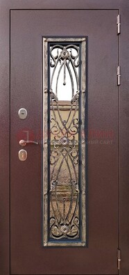 Коричневая стальная дверь порошок со стеклом и ковкой для дома ДСК-169 в Сосновый Бор