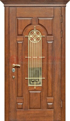 Коричневая железная дверь винорит со стеклом и ковкой ДСК-189 в Сосновый Бор