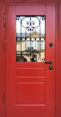 Красная железная дверь Винорит со стеклом и ковкой ДСК-205 в Сосновый Бор