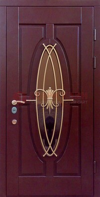 Бордовая стальная дверь Винорит со стеклом и ковкой ДСК-263 в Сосновый Бор