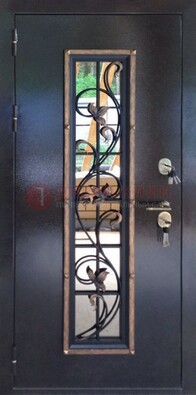 Железная дверь с порошковым напылением стеклом и ковкой ДСК-279 в Сосновый Бор