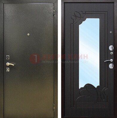 Железная темная дверь c порошковым напылением и МДФ с узором и зеркалом ДЗ-111 в Сосновый Бор