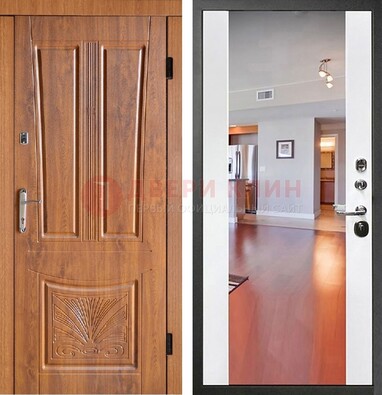 Входная коричневая дверь терморазрыв c виноритом и белая МДФ c зеркалом ДЗ-123 в Сосновый Бор
