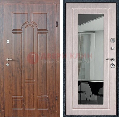 Входная коричневая дверь с МДФ Белый дуб и зеркалом ДЗ-126 в Сосновый Бор