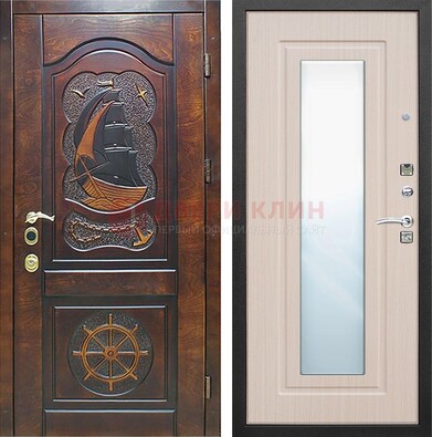 Темная дверь с резьбой и зеркалом внутри ДЗ-49 в Сосновый Бор