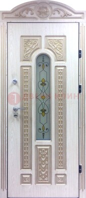 Белая железная дверь с МДФ и витражом ВЖ-26 в Сосновый Бор