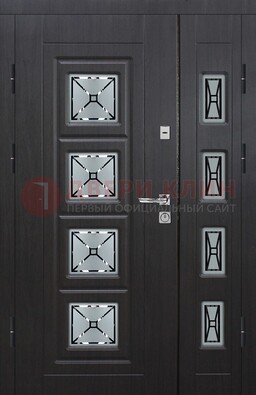 Чёрная двухстворчатая железная дверь с МДФ и витражом ВЖ-35 в Сосновый Бор
