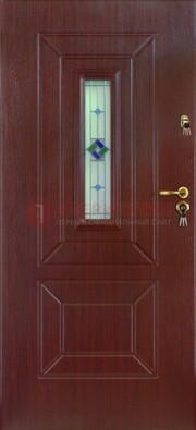Бордовая железная дверь с витражом и отделкой массив ВЖ-3 в Сосновый Бор