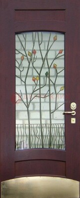 Бордовая стальная дверь с витражом и декоративным элементом ВЖ-3 в Сосновый Бор